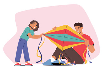 Fototapeta premium Father and Daughter Engaged In Making A Large, Colorful Paper Kite, Radiate A Sense Of Camaraderie And Enjoyment