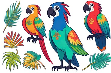 Set of adult parrot of red-and-green macaw Ara (Ara chloropterus) cartoon bird design flat illustration isolated on white background