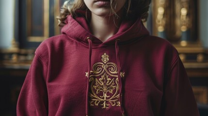 Fototapeta premium A crimson hoodie showcasing a gold embroidered crest, pride, available light