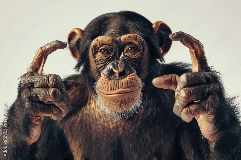 Poster a close up image of a monkey with its hands in the air. suitable for various projects