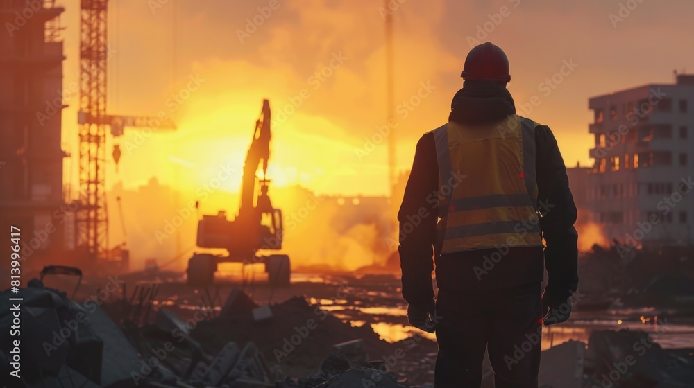 Poster a construction worker standing in front of a construction site. suitable for construction industry c