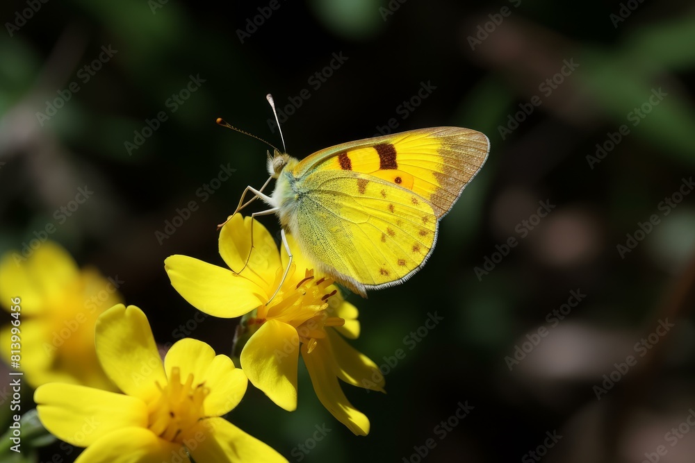 Wall mural close-up of a yellow butterfly perched delicately on vibrant spring flowers