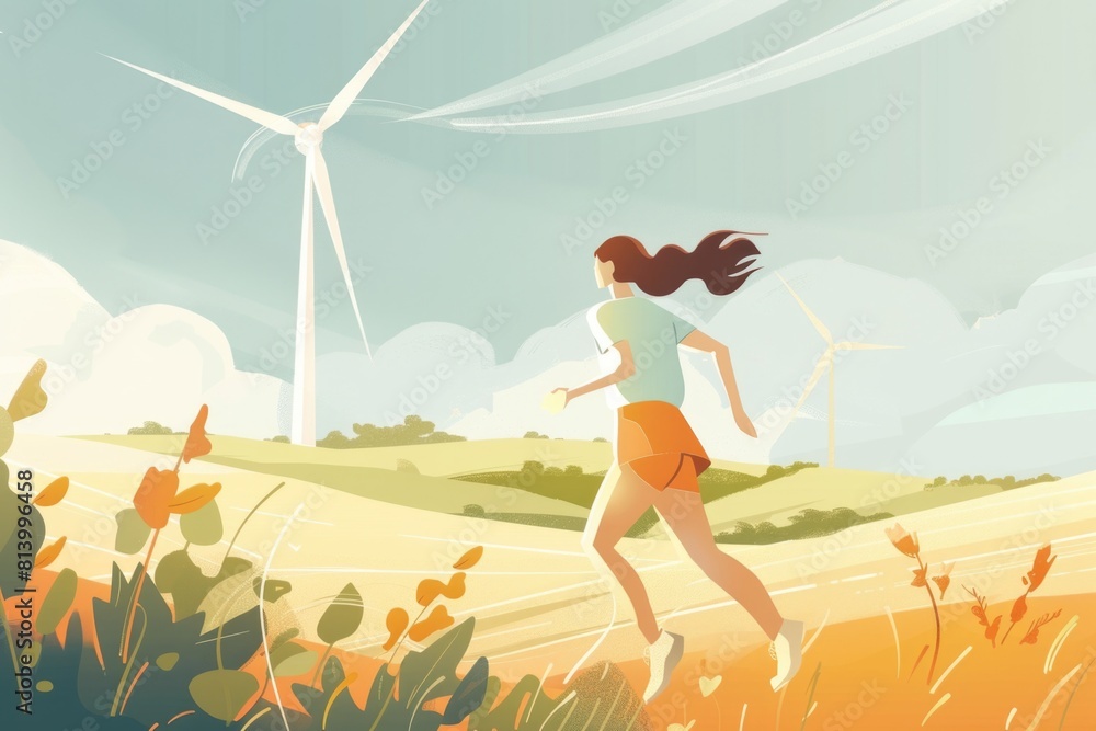 Poster woman running through a field with a wind turbine in the background. suitable for environmental or r