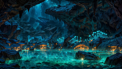 A cave with a pool of water, surrounded by rocks and mushrooms. The water is green and the mushrooms are glowing orange. The cave is dark, but light is shining through a hole in the ceiling.