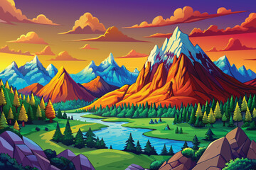 Beautiful vector illustration of stunning mountain range landscape with vibrant colours at sunset or sunrise ,for kids background.AI GENERATED