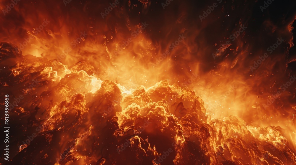 Poster a very large fire with lots of orange flames. suitable for illustrating wildfires or intense heat