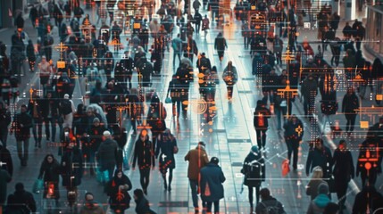 Obraz premium Crowds navigate a busy urban intersection with augmented reality and data visualizations overlaying the scene.