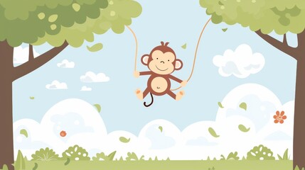 Fototapeta premium Cartoon Monkey Swinging on a Swing