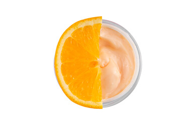 Orange citrus Vitamin C face care - cream, serum. mask, face cleaner, antioxidant moisturizer skin face care and make up concept, with fresh orange fruit slices