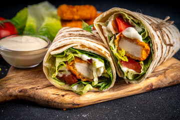 Fried chicken wraps with nuggets, fresh vegetables and buttermilk ranch sauce, healthy balanced...