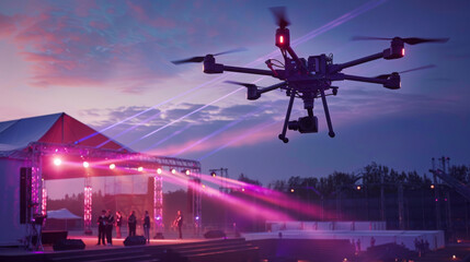 A drone hovers above a stage with musicians, capturing the event under a twilight sky.