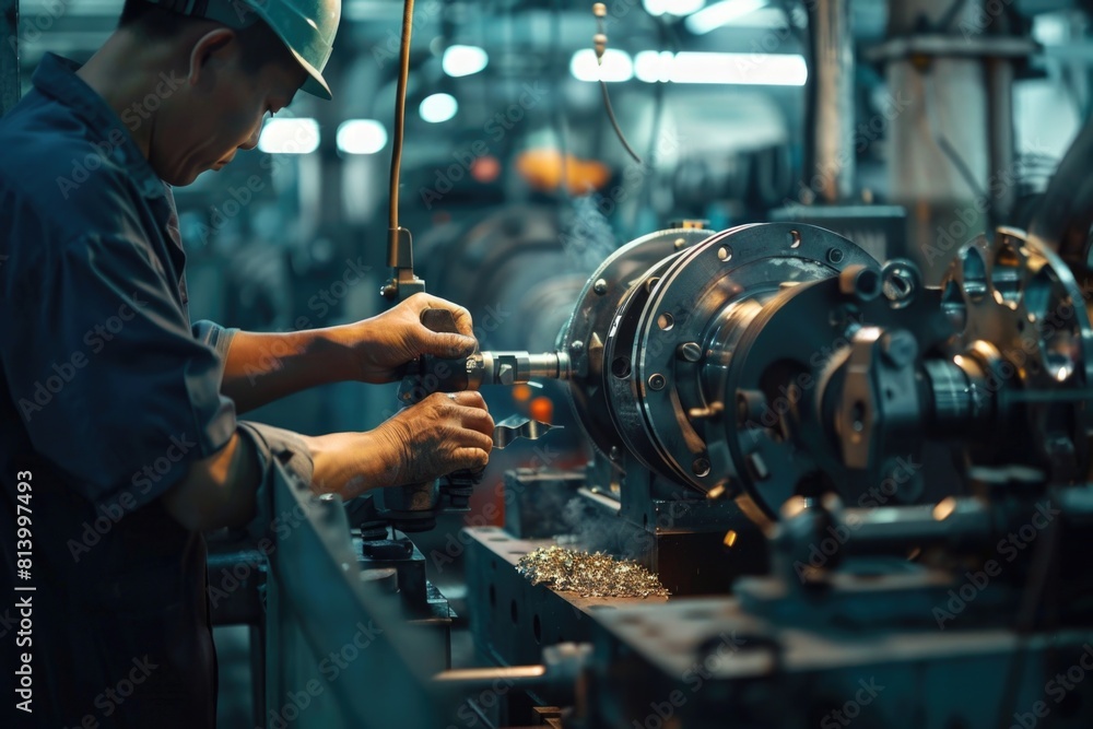 Poster Man working on a machine in a factory, suitable for industrial concepts