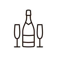 Champagne bottle and glasses outline icon. Celebration, party, holiday symbol. Editable stroke