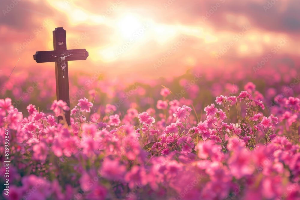 Poster a cross standing in a field of colorful flowers. perfect for religious themes or spiritual concepts
