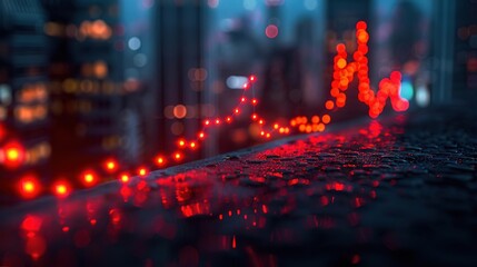 Create an abstract cityscape with red glowing lines representing the flow of data. The image should be dark and moody, with a rainy atmosphere. - Powered by Adobe