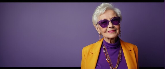 Elderly Caucasian woman in chic attire, radiating joy, against a violet backdrop.
