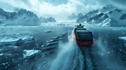 Aerial view on a huge ship carrying containers and breaking ice on frozen waters