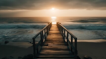 Obraz premium Wooden Jetty Extending into Calm Sea Waters with sunset view