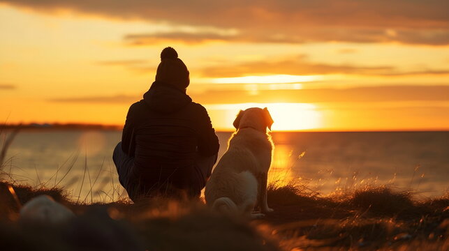 Man and his dog sitting on a beach watching the sunset, back view