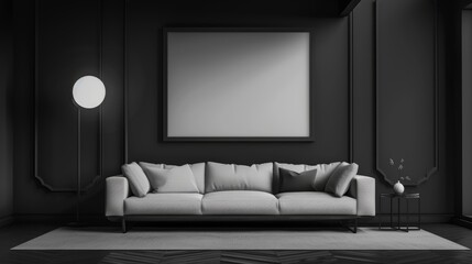 A sleek modern living room in monochrome tones, an ISO A paper size poster frame above a contemporary sofa, spotlight on the frame, reflective surfaces. Created Using: 3D render, monochrome palette,