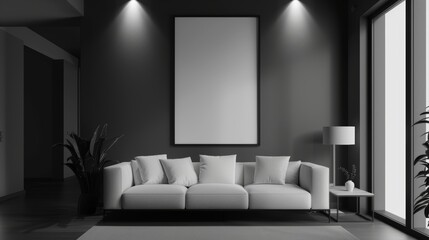 A sleek modern living room in monochrome tones, an ISO A paper size poster frame above a contemporary sofa, spotlight on the frame, reflective surfaces. Created Using: 3D render, monochrome palette,