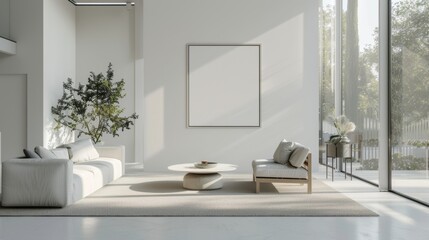 A spacious modern living room with sleek furniture and a large ISO A paper size frame mockup on a clean white wall, ambient daylight streaming through floor-to-ceiling windows. Created Using: 3D