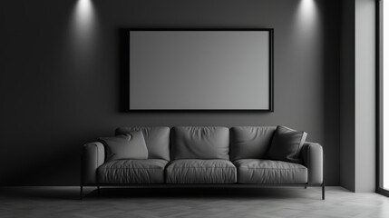 A sleek modern living room in monochrome tones, an ISO A paper size poster frame above a contemporary sofa, spotlight on the frame, reflective surfaces. Created Using: 3D render, monochrome palette,
