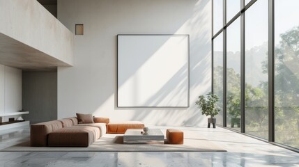 A spacious modern living room with sleek furniture and a large ISO A paper size frame mockup on a clean white wall, ambient daylight streaming through floor-to-ceiling windows. Created Using: 3D