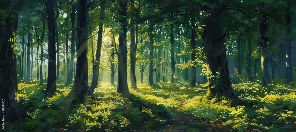 Poster a panoramic view of the sun shining through tall trees in an enchanted forest, illuminating vibrant 