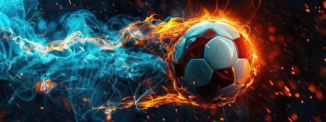 Fototapeta premium Soccer ball in action, The ball travels with lightning speed and glowing orange and blue effects, Football banner. Football Competition