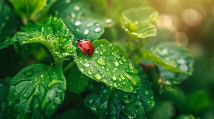 Cute ladybug on juicy green leaf . biodiversity