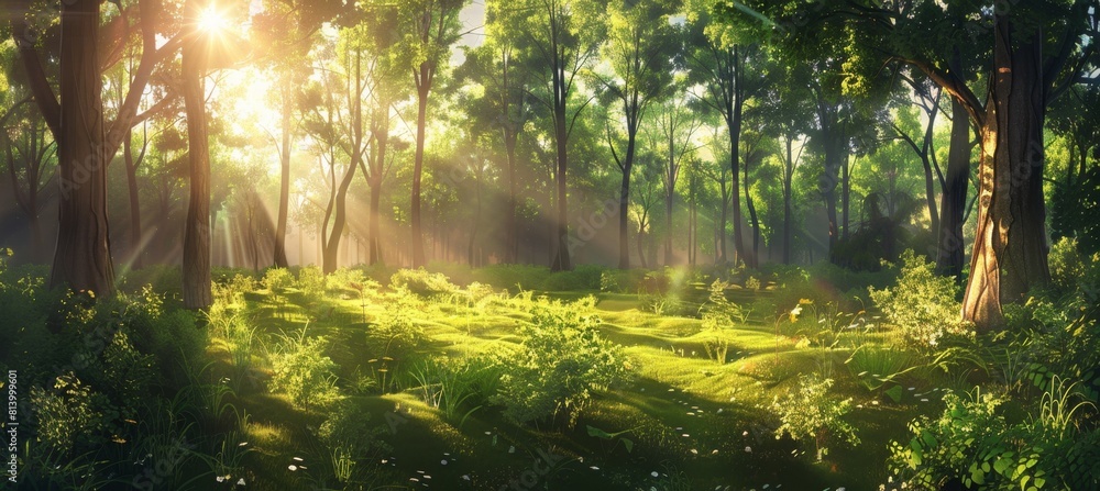 Poster a lush green forest with tall trees and sunlight filtering through the leaves, creating dappled ligh