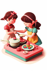 Isometric view of Mother and daughter cooking in the kitchen