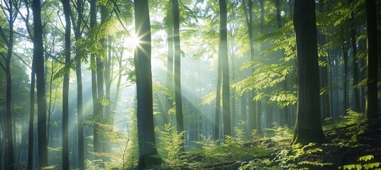 A beautiful forest with tall trees and sunlight shining through the leaves, creating an enchanting scene of nature's beauty Generative AI