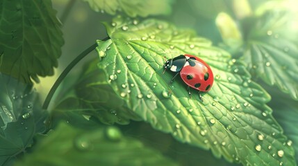 Obraz premium Cute ladybug on juicy green leaf . biodiversity