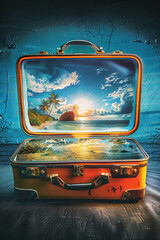 A travel suitcase containing an island landscape with a beach