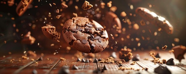 Chocolate chip cookie with flying crumbs on wooden background - Powered by Adobe