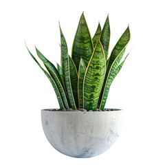 The image shows a snake plant in a white pot on a transparent background. The plant has long, slender, green leaves with yellow edges.