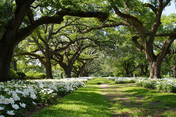 lush tree-lined park dotted with white blooms