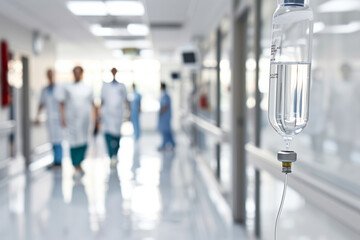 blurred hospital corridor with the focus on an IV bag filled with clear liquid hanging prominently in the foreground. The blurred figures of doctors and nurses in the background un
