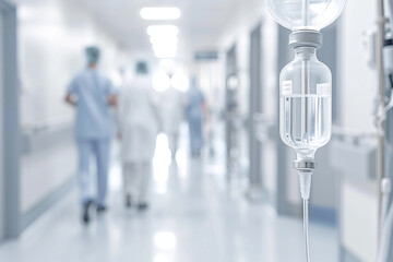 clean white clinical background, blurred hospital corridor with the focal point on an IV bag filled with clear liquid. The presence of blurred figures of doctors and nurses in the