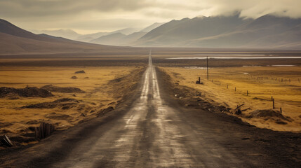 Tranquil Countryside Road Winding Through Serene Mountain Landscape with beautiful cloudy sky.