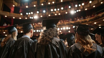 Fototapeta premium Graduates accepting diplomas on a lit stage, proud, achievement, hope, theater, elegant, momentous, black gowns