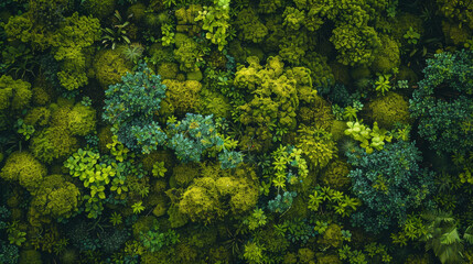 A breathtaking aerial perspective of a dense forest canopy, where vibrant patches of moss create a tapestry of green against the earthy brown of the forest floor.