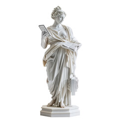 A statue of a woman reading a book, isolated on white background