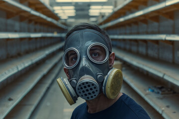 Man wearing gas mask standing in front of a grocery store shelf. Generative AI image.