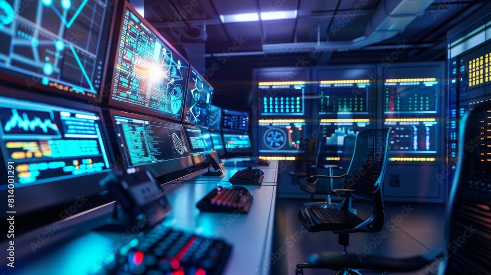 Poster a control room filled with numerous monitors and keyboards, displaying various data and surveillance