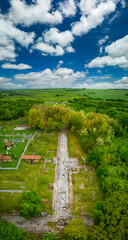 Drone view Ruins of Roman and early Byzantine city of Nikopolis ad Istrum. Archaeological reserve 'Nicopolis ad Istrum'. Veliko Tarnovo. Bulgaria.
