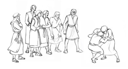 Pencil drawing. The men caught the guy and are leading him