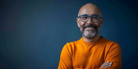 Obraz premium Confident and Positive Middle-aged Caucasian Man in Stylish Attire Smiling. Concept Fashionable, Smiling, Confident, Middle-aged man, Caucasian